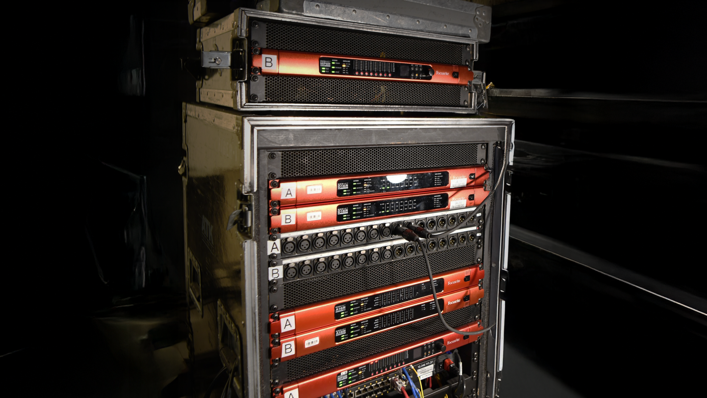 An ATK Audiotek rack during setup at Super Bowl LX, featuring Focusrite RedNet components. Photo credit: Bill Brungard & ATK Audiotek. 