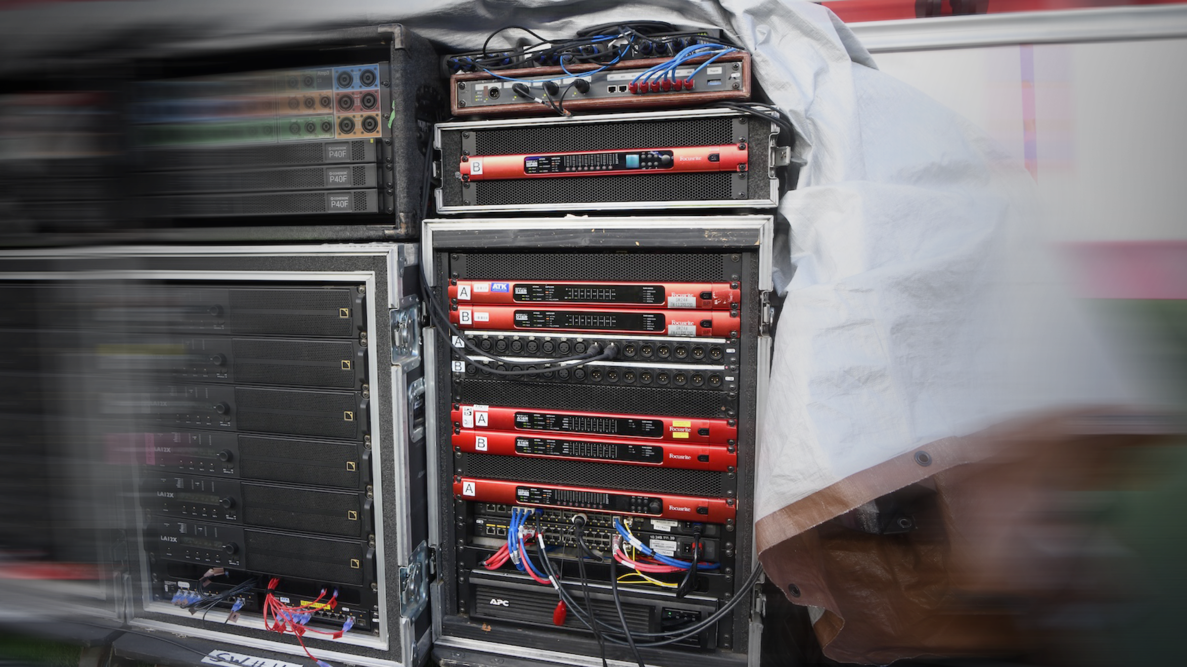 An ATK Audiotek rack at Super Bowl LX, featuring Focusrite RedNet components. Photo credit: Bill Brungard & ATK Audiotek. 