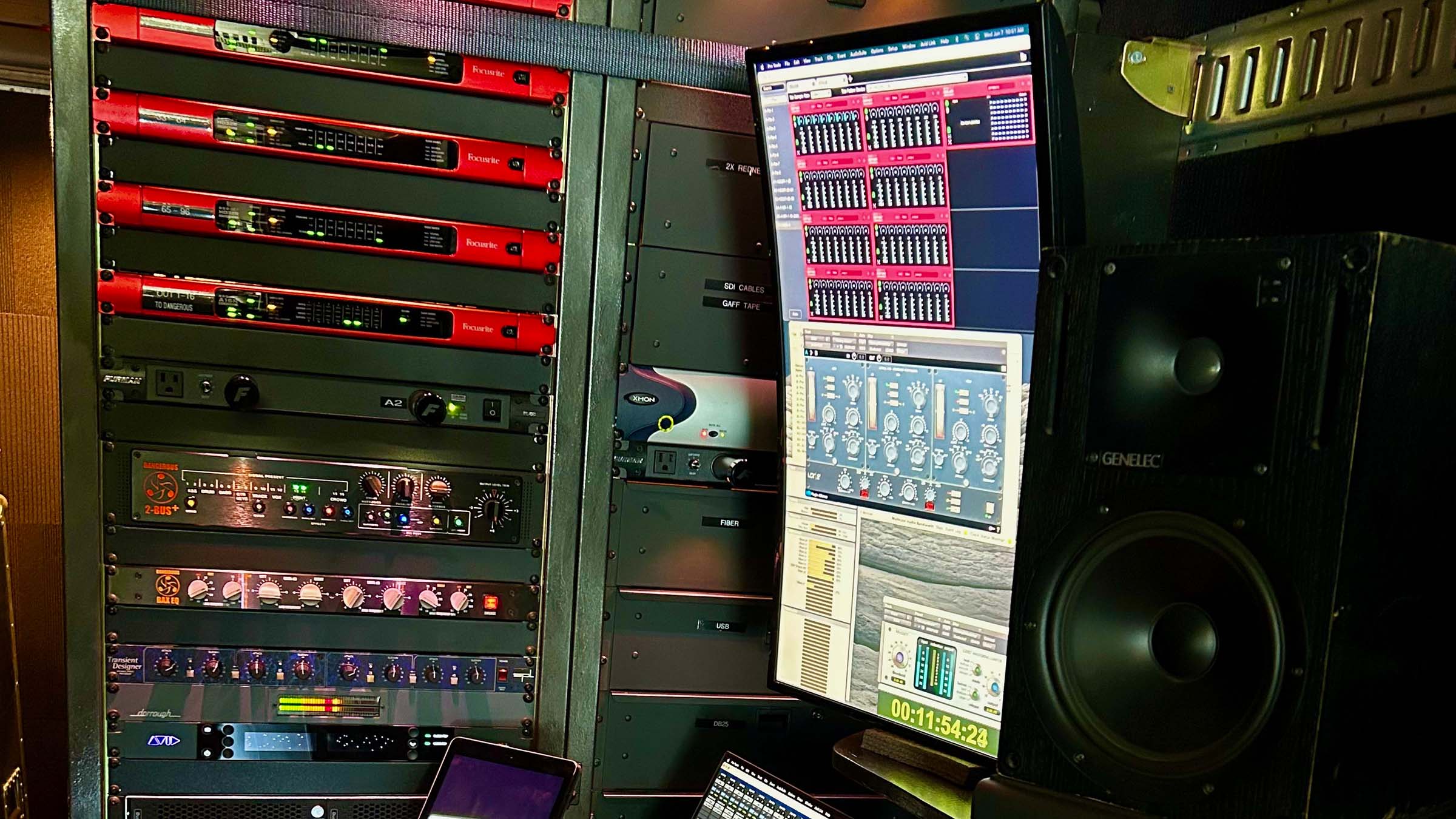 American Mobile’s remote truck control room, featuring Focusrite RedNet components