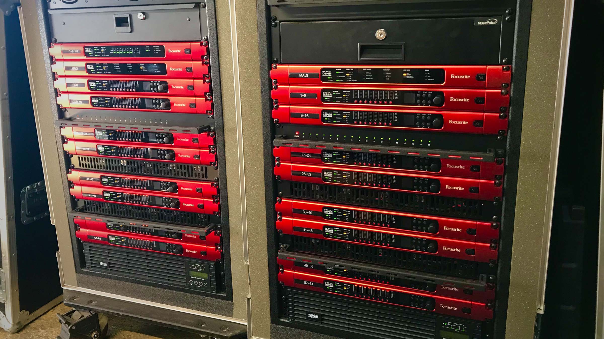 Two gear racks deployed by American Mobile for 2022 Farm Aid, featuring Focusrite RedNet components