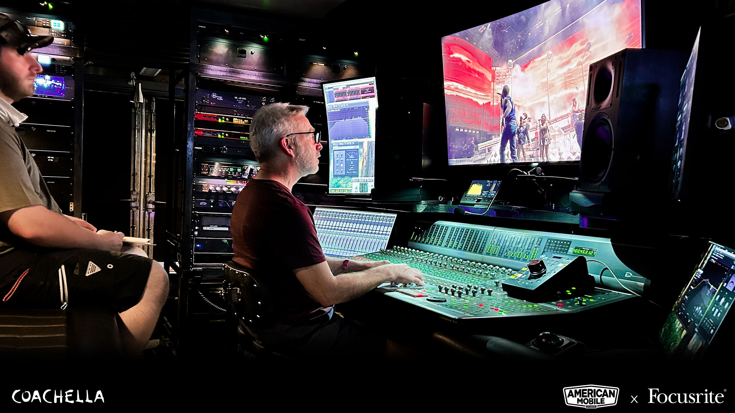 American Mobile engineers Steve Weeder and Nate Weeder, pictured in the firm’s broadcast truck at Coachella 2025.