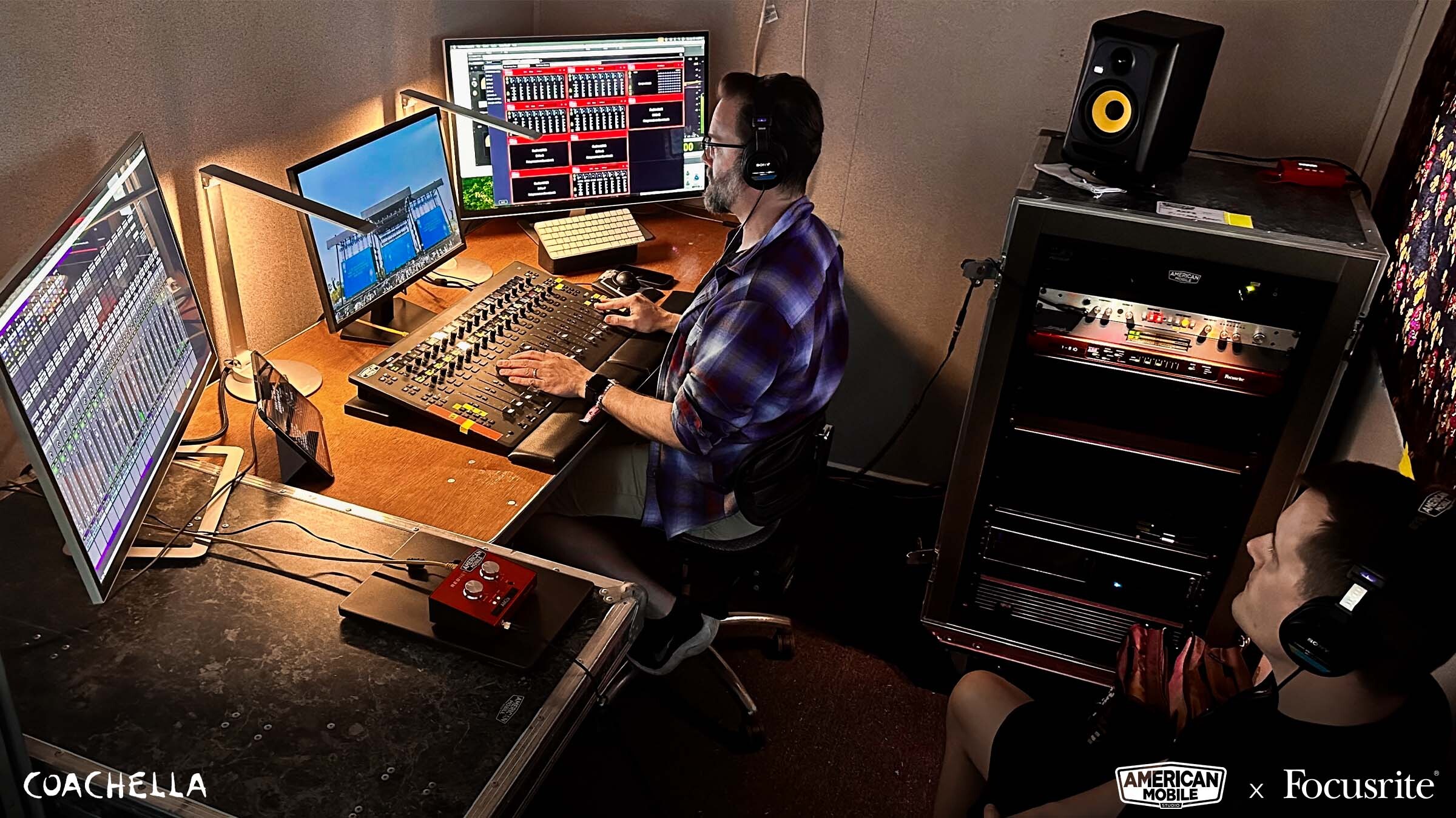 American Mobile engineers Ryan Staples and Jonathan Lackey monitor a live broadcast at Coachella 2025.