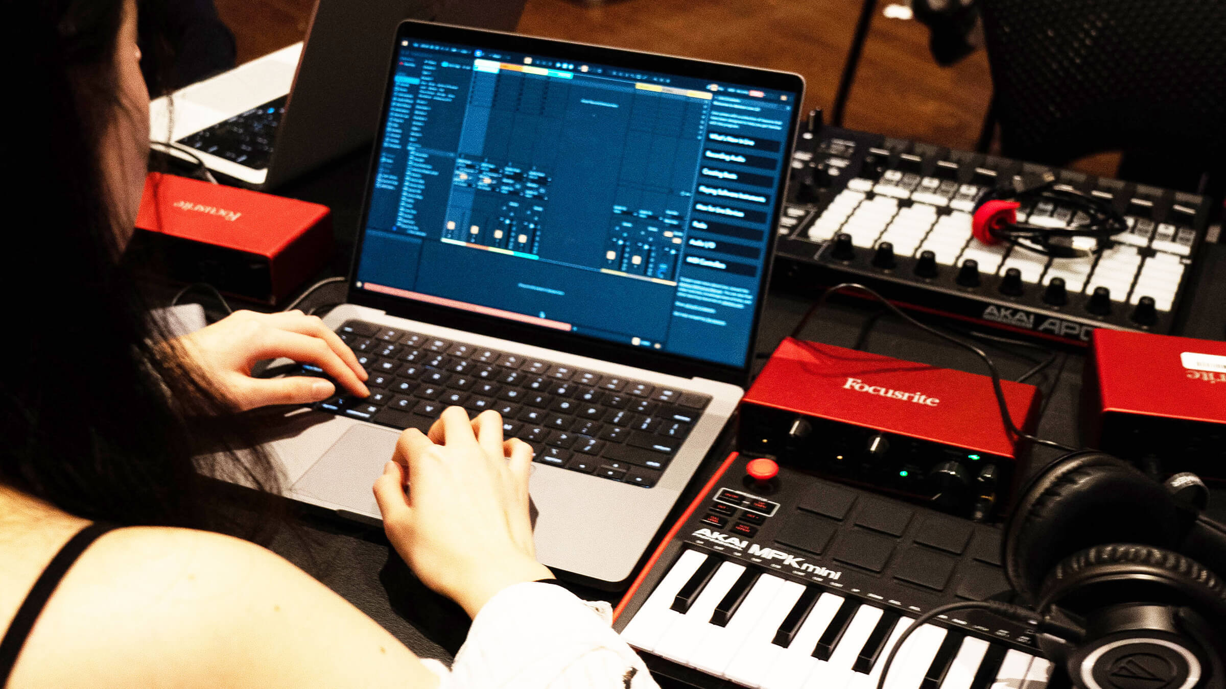 A student works on a project using Focusrite components at Berklee NYC