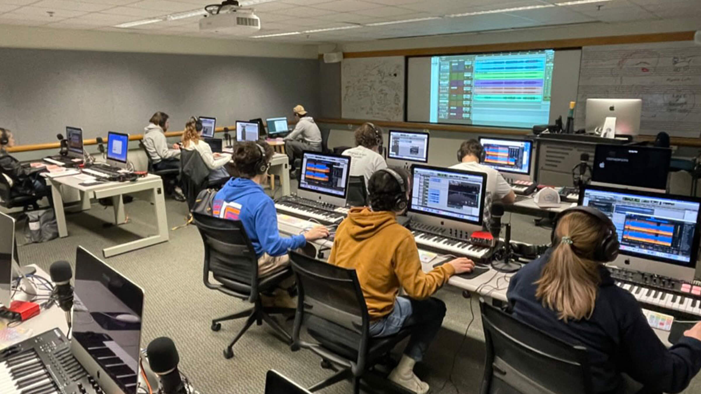 Sound recording technology students at Ithaca College, working with a gear complement that includes Focusrite interfaces