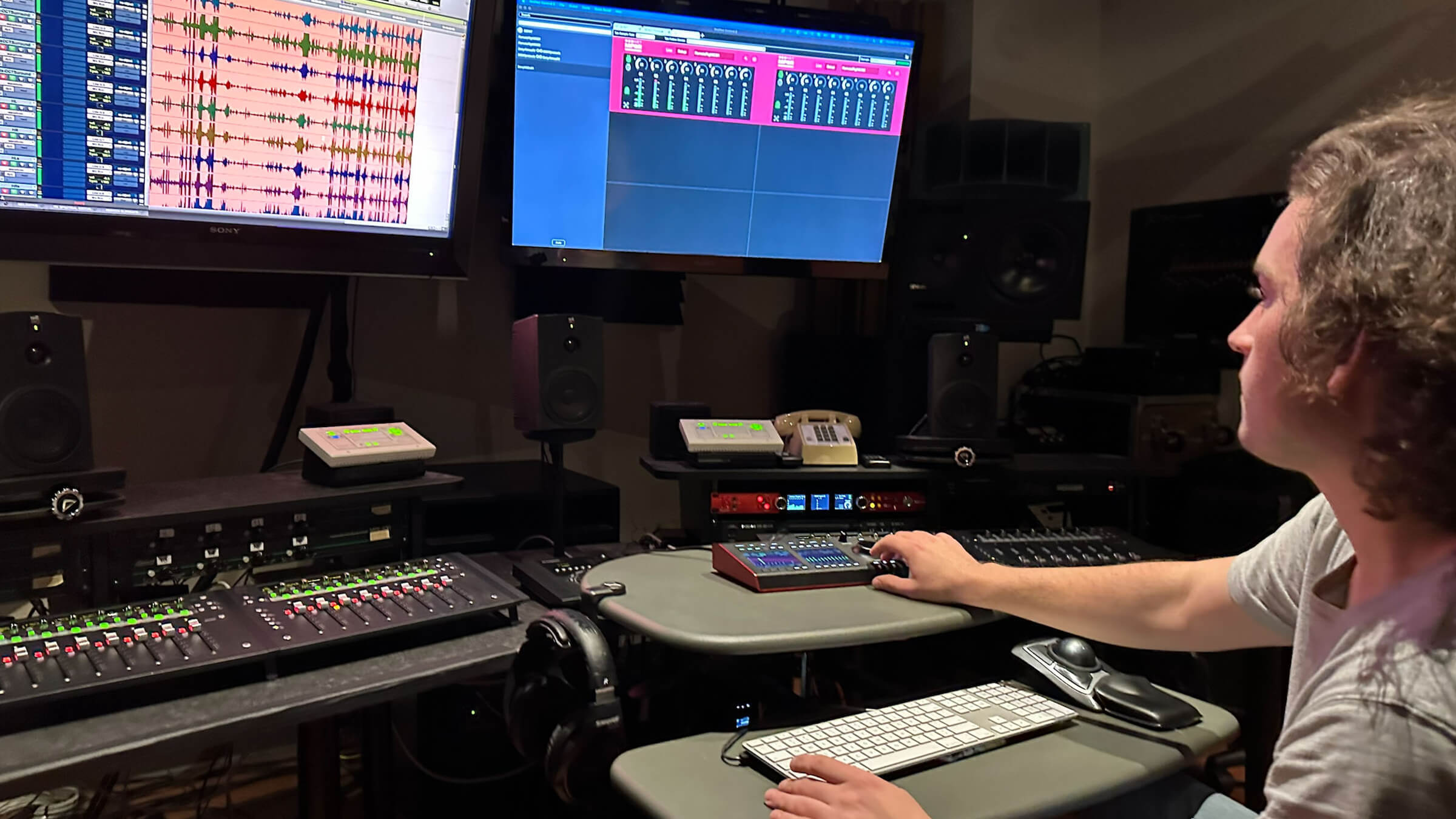 A sound recording technology student at Ithaca College records the school’s wind ensemble for Ithaca College Recording Services with a gear complement that includes Focusrite interfaces