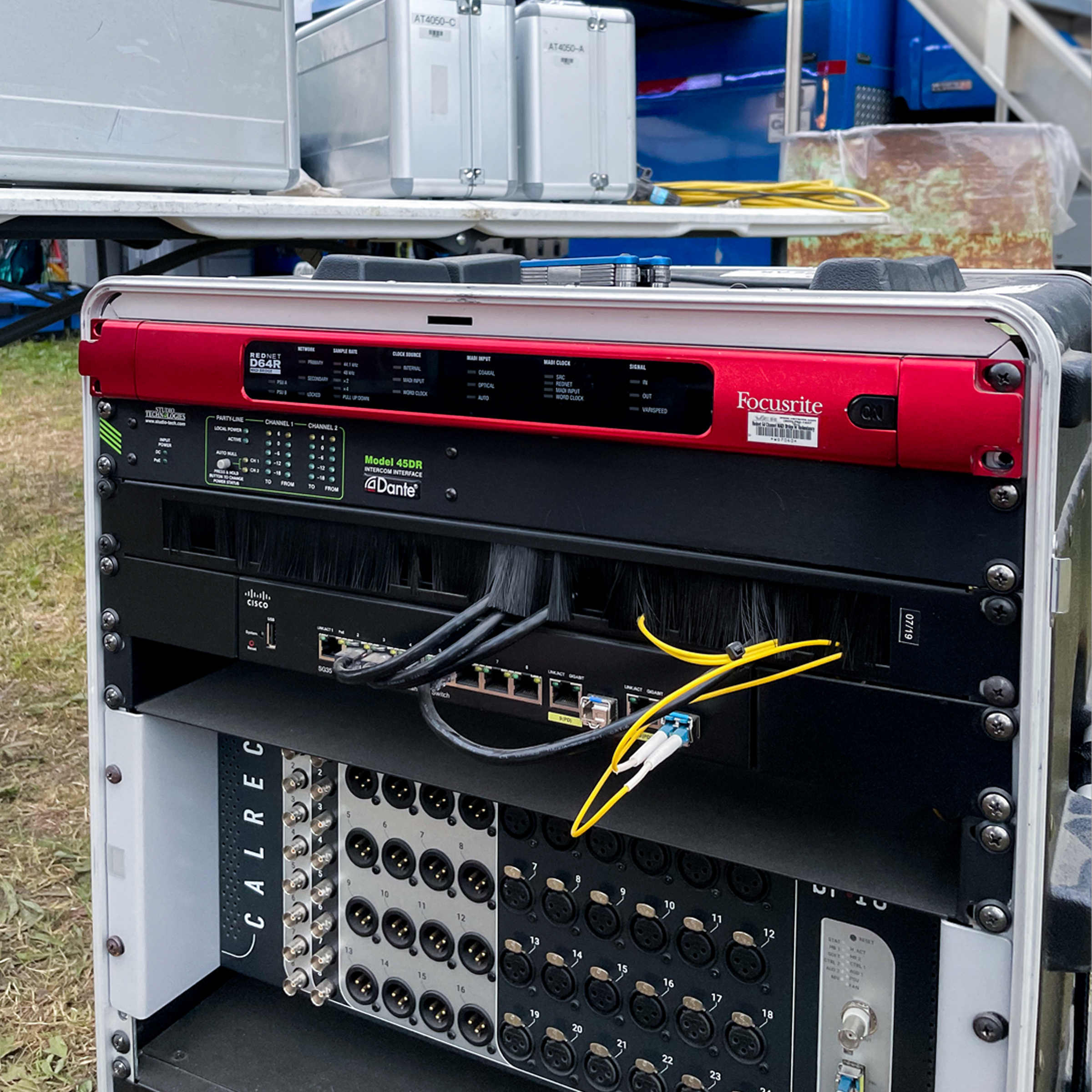 Gear rack employed by the MTSU audio team at Bonnaroo, featuring the Focusrite RedNet D64R 64-channel MADI bridge