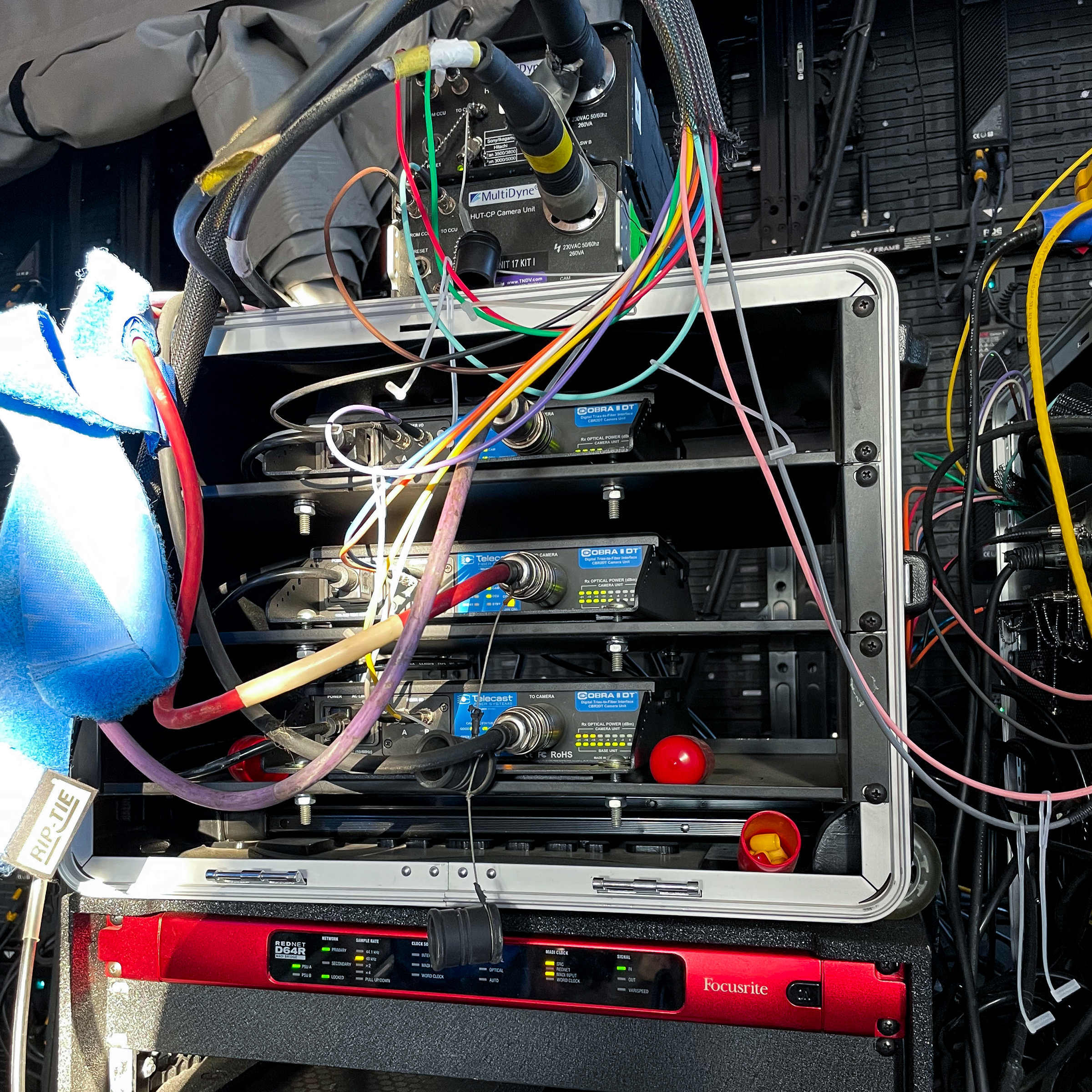 Gear rack employed by the MTSU audio team at Bonnaroo, featuring Focusrite RedNet D64R 64-channel MADI bridge