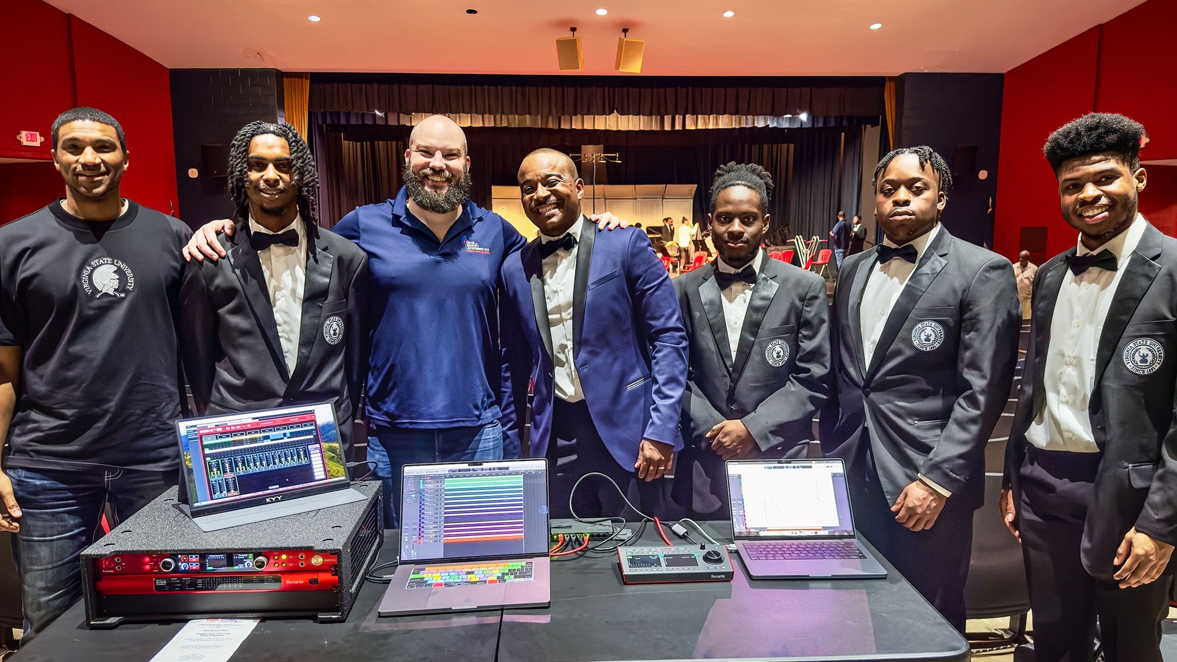 Pictured L-R: VSU Instructor of Music Production Technology Corey Brown; VSU Wind Symphony member David Williams; Coordinator of Music Production Technology Dustin Painter; Dr. Samuel Rowley (Chairman of the Department of Music, Director of Bands – Wind Activities and Professor of Music); and Wind Symphony members Wayne Ayisi-Bampoe, Kahlib Newman, and Jason Vance II. 