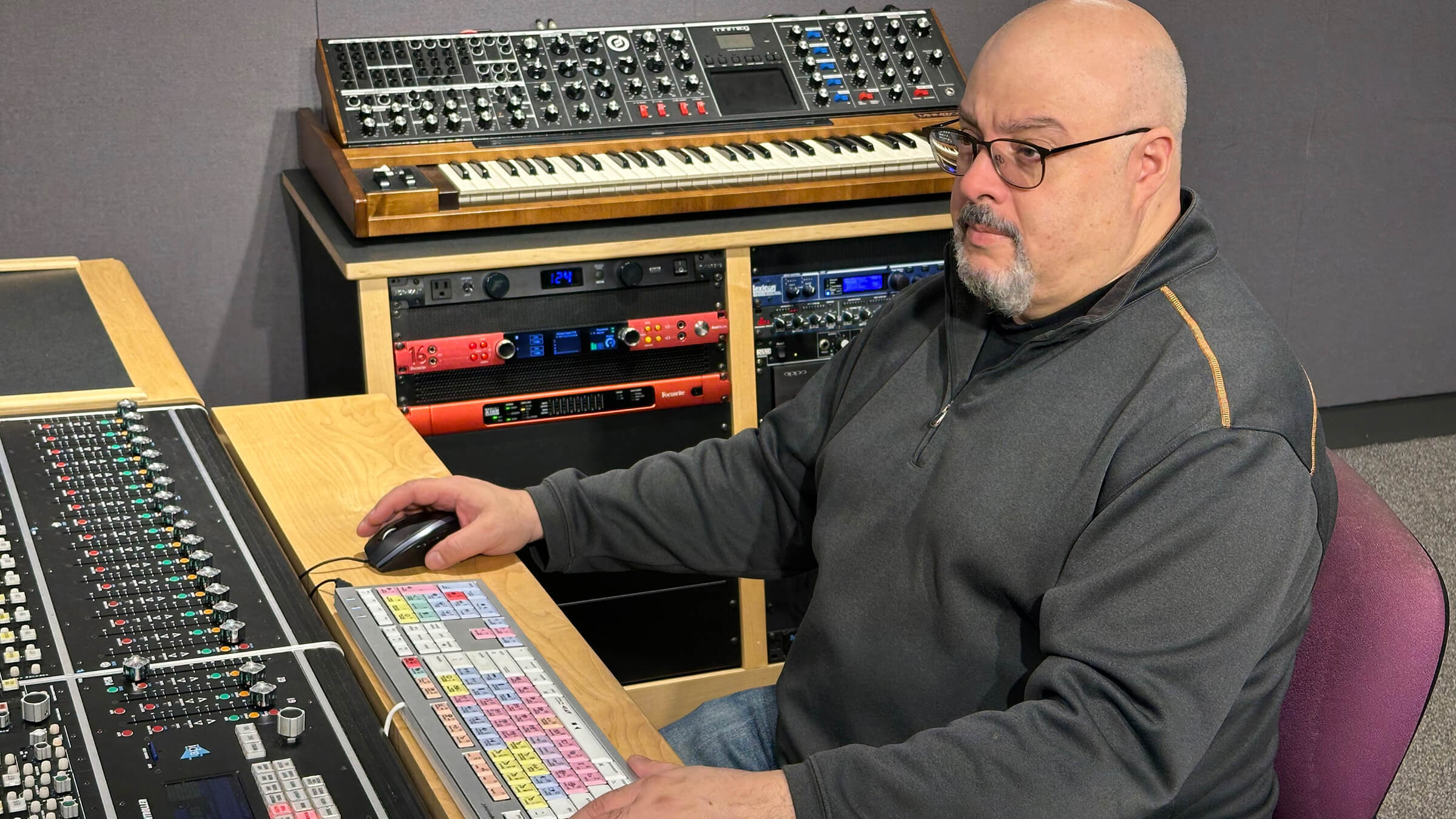 Bruno Caruso, Design and Integration Manager at Emerson College, pictured in one of the school’s audio classroom spaces featuring Focusrite RedNet gear