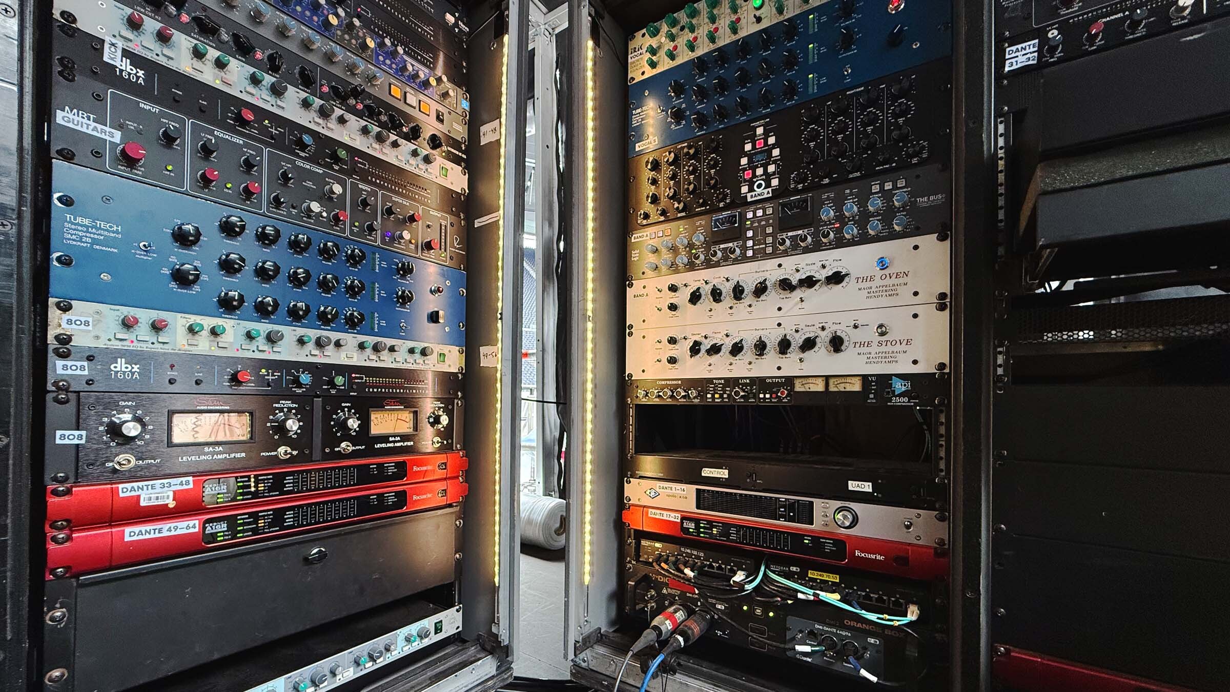 Toby Francis’s racks of touring gear, including Focusrite RedNet interfaces.