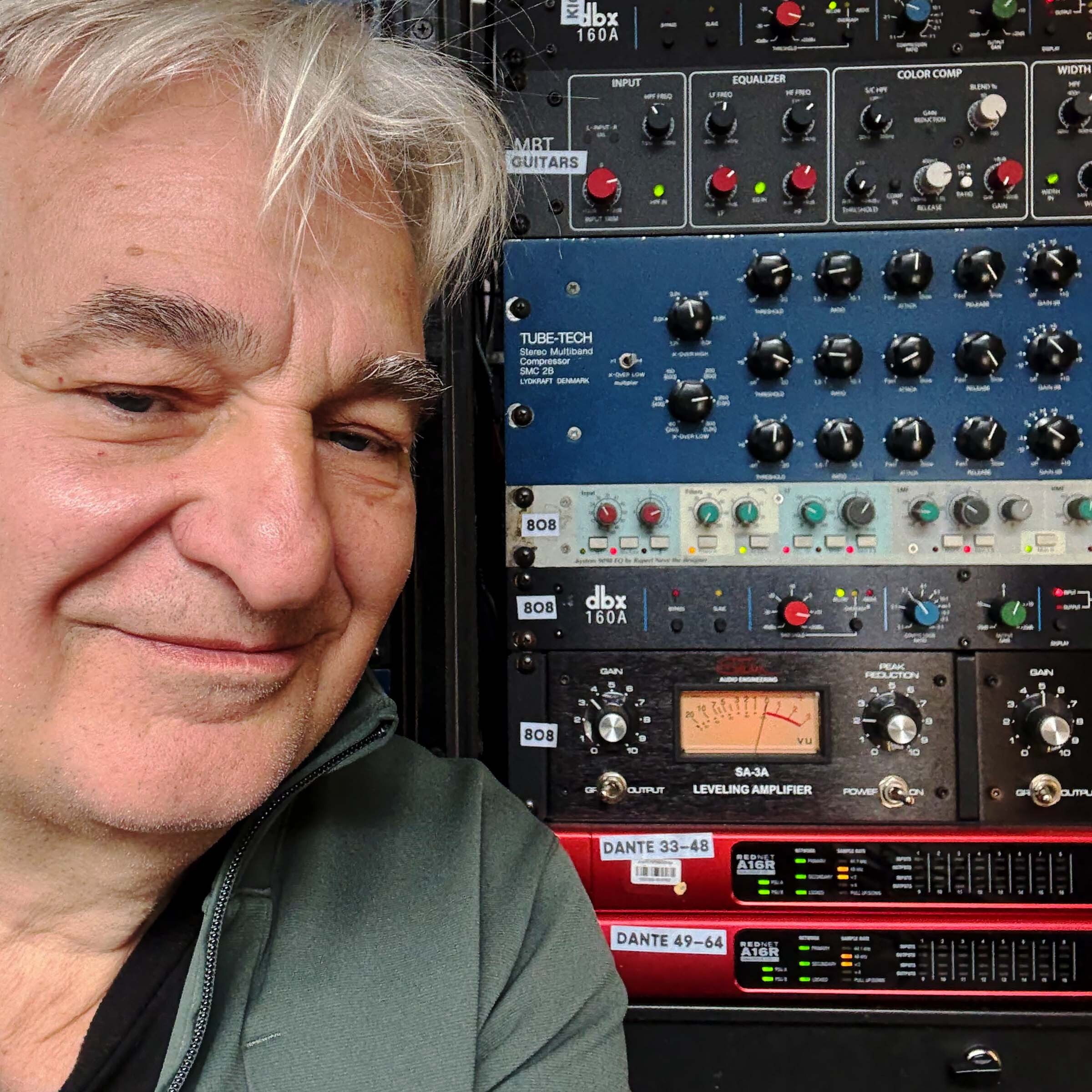 Front-of-house engineer Toby Francis, pictured with some of his touring gear, including Focusrite RedNet interfaces.